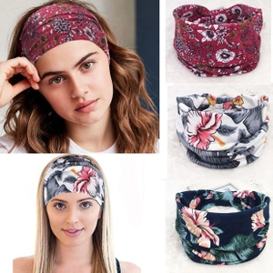 Detail of floral printed elastic headbands showing various patterns and wearing styles