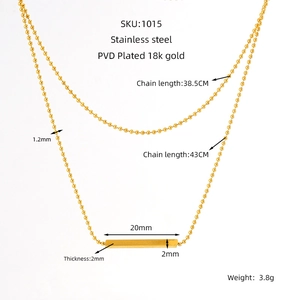 Detailed sizing of 18K gold plated T-bar pendant with double layer ball chain necklace