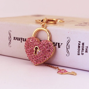Pink heart padlock keychain with sparkling rhinestones and matching key charm