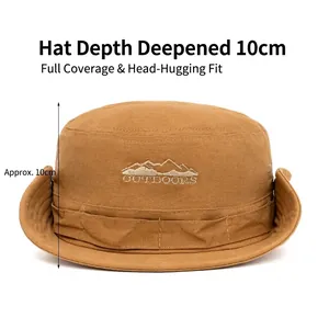Deep khaki cotton bucket hat with outdoor embroidery and breathable side vents