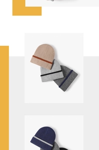 Detailed view of color-block knit beanies showing ribbed texture and multiple color options