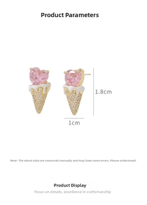 Macro shot of ice cream cone stud earring showing dimensions of 1.8cm height and 1cm width