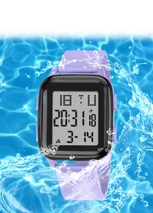 Purple rectangular digital sports watch immersed in water showing waterproof features