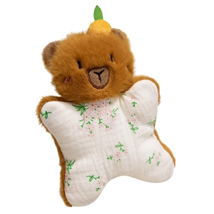 Cute brown plush bear finger puppet with floral cotton body and yellow sprout decor