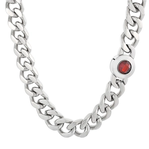 Polished silver stainless steel Cuban link necklace for men with a red gemstone clasp