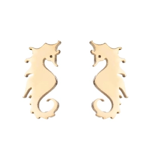 Detailed view of gold seahorse earrings made of polished stainless steel for women
