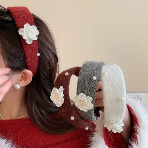 Vintage Flocking Flower Artificial Pearl Headband Velvet Winter Thickened High Top Hair Hoop Elegant Accessories For Women