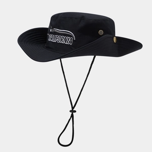 Detail of black outdoor sun hat with California embroidery and adjustable chin strap