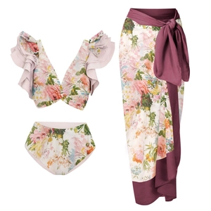 Women Floral Print Bikini Top And Bottom With Ruffle V-Neck 3D Flower Applique Beach Sarong Vacation Bathing Suit Swimwear