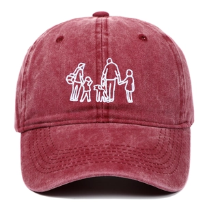 Gros plan sur la broderie silhouette blanche sur une casquette en coton bordeaux délavé