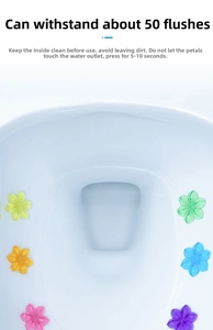 Macro detail of six colorful flower toilet cleaning gels on white ceramic surface