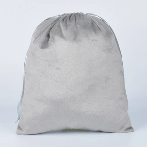 Grey velvet drawstring bag for jewelry and cosmetics shown on a white background