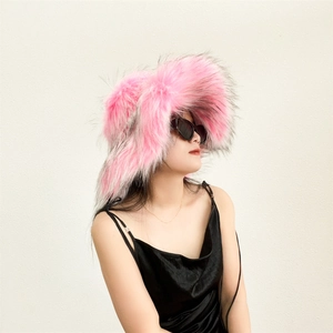 Pink faux raccoon fur fluffy bucket hat for women in winter punk style fashion