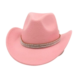 Pink felt cowboy hat with double-row white pearls and glittering crystal rhinestone band