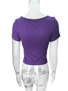Rear view of tight-fitting purple short sleeve crop top on invisible mannequin