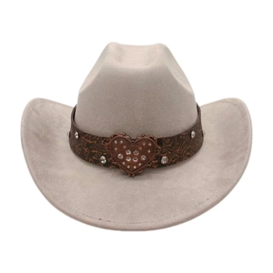 Detail of grey suede cowboy hat with brown leather band and rhinestone heart buckle