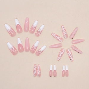 Long ballet coffin press-on nails with white French gradient and small diamond flower pattern