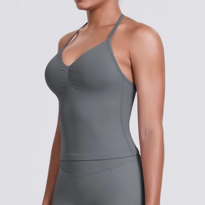 Side view of high-stretch dark grey sports camisole with slim straps and V-neckline