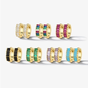 925 Sterling Silver Baguette Cut Colorful Zircon Huggie Hoop Earrings With 925 Sterling Silver Earring Post For Women
