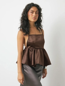 Brown satin camisole top with open back and ruffled peplum hem for summer fashion