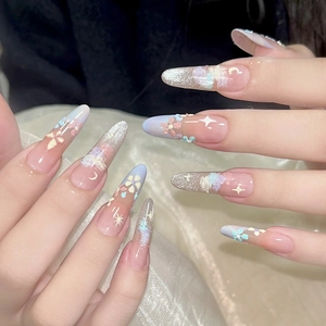 Artificial False Nails Long Almond Shape Sweet Floral Cat Eye Effect Gradient Blue Pink ABS Plastic For Women
