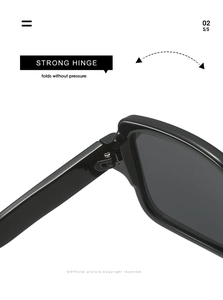 Macro shot of reinforced metal hinges on square black sunglasses with strong screw structure