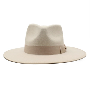 Beige wide brim wool fedora hat with a ribbon band and classic teardrop crown for unisex