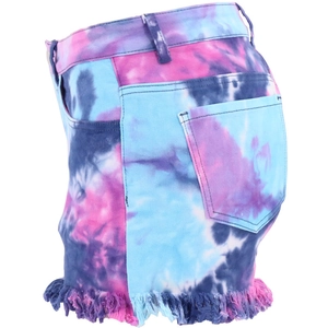 Detail view of high-waist tie-dye denim shorts with colorful patterns and frayed fringe edges