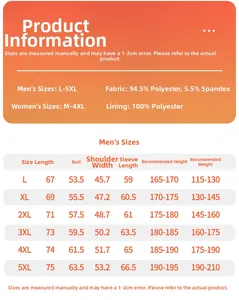 Size chart and material guide for polar fleece winter jacket with detailed measurements