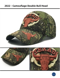 Detailed views of camouflage baseball cap with red embroidered bull head and Texas logo