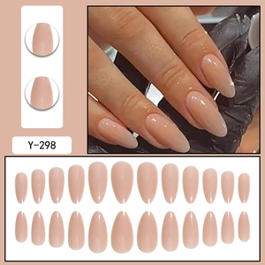 Glossy almond shaped press-on nails in nude skin tone, 24-piece full set for women