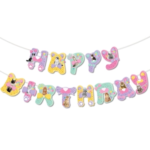 Cat theme Happy Birthday banner in macaron colors with cute kitten photography elements