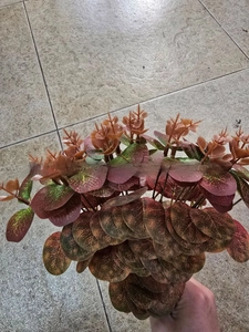 Vue détaillée de feuilles d'eucalyptus artificielles brun-rouge pour décoration de mariage