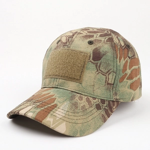 Detailed side view of tactical camo baseball cap with front hook and loop patch area