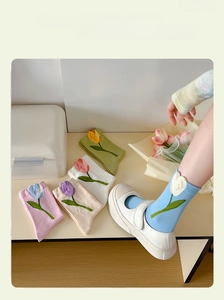 Detailed view of combed cotton tulip embroidery socks in five pastel colors