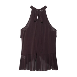 Detailed back view of sleeveless halter neck top featuring a large elegant ribbon bow tie