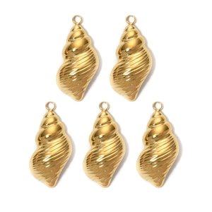 Detail of 5 golden 304 stainless steel conch pendants with textured finish and top ring