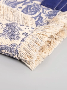 Bohemian canvas tote bag with retro blue woven patterns and detailed fringe tassels