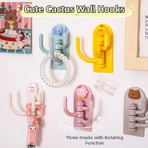 Three-arm rotating wall hook with cute cartoon animals for organizing small household items