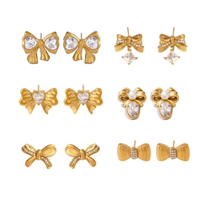 6-pack bow earring set in gold-plated stainless steel with zircon and pearl accents