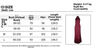 Detailed size chart with measurements for the sexy backless satin halter maxi dress
