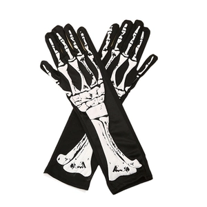 Halloween skeleton gloves with white bone print for party costumes on white background