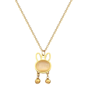 Gold titanium steel bunny necklace with opal pendant and tassels on white background