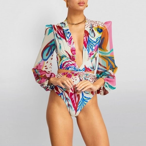 Monokini Femme Manches Longues Sexy Col En V Maillot De Bain Une Pièce Imprimé Floral Tropical Plage Nylon Surf