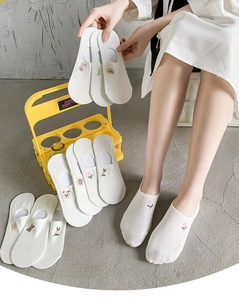 Detail of white cotton no-show socks with cute cartoon embroidery and non-slip design