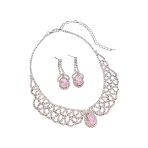Elegant silver jewelry set with pink teardrop gemstones and crystals on white background