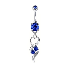 Detailed view of silver belly ring featuring blue gems and a crystal hollow heart pendant