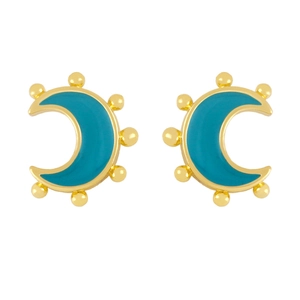 Close-up of 18K gold moon earrings with sky blue enamel and micro-bead detailing