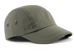 Side view of olive green 5-panel camp hat featuring metal ventilation eyelets and stitching
