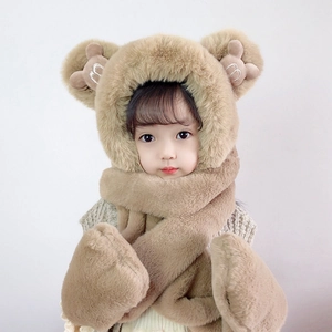 Kids warm khaki plush 3-in-1 hooded scarf and mittens with cute bear ears design